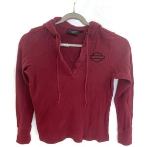 Harley-Davidson Hoodie Womens Large Red Waffle Knit Thermal Pullover Graphic‎